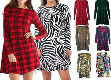 Womens Printed Swing Dress Long Sleeve A-Line Skater Tunic Mini Dress Size 8-26
