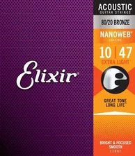 Elixir 11002 Nanoweb 80/20 Bronze Acoustic Guitar Strings .010-.047 Extra Light