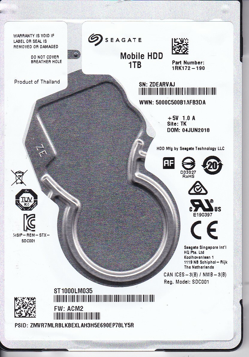 Seagate ST1000LM035 pn:1RK172-190 sn: ZDE fw: ACM2 TK 2018 1TB 2.5