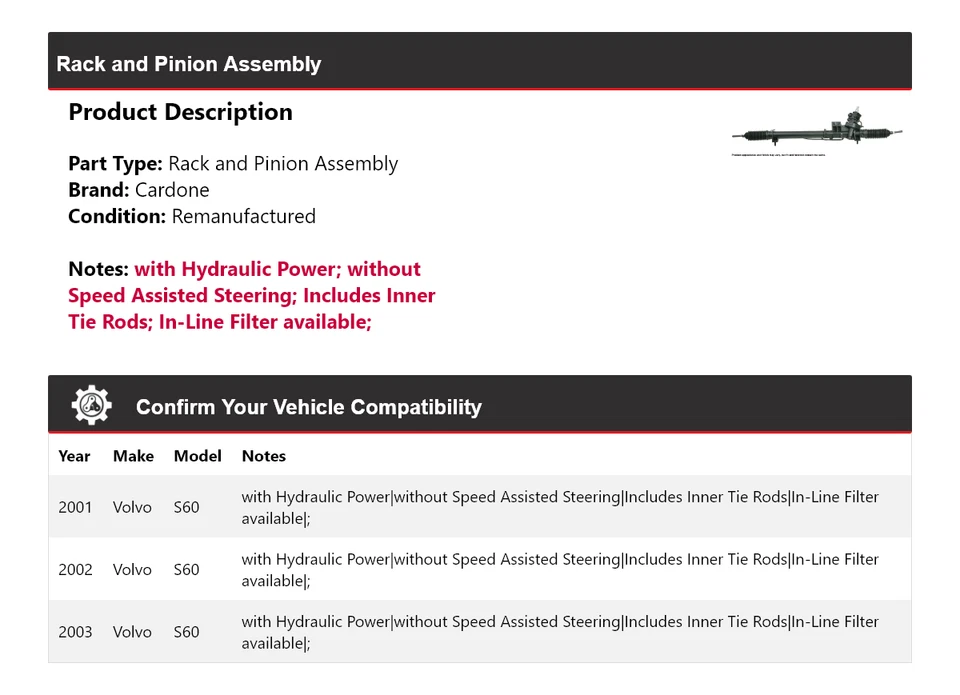 Conjunto de piñón y cremallera Cardone 2002 para Volvo S60 2001-2003 Foto 2 de 4