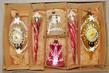 Set VTG Glass Frosted Indent DROP ICICLE BELL Christmas Ornaments Shiny Brite #1