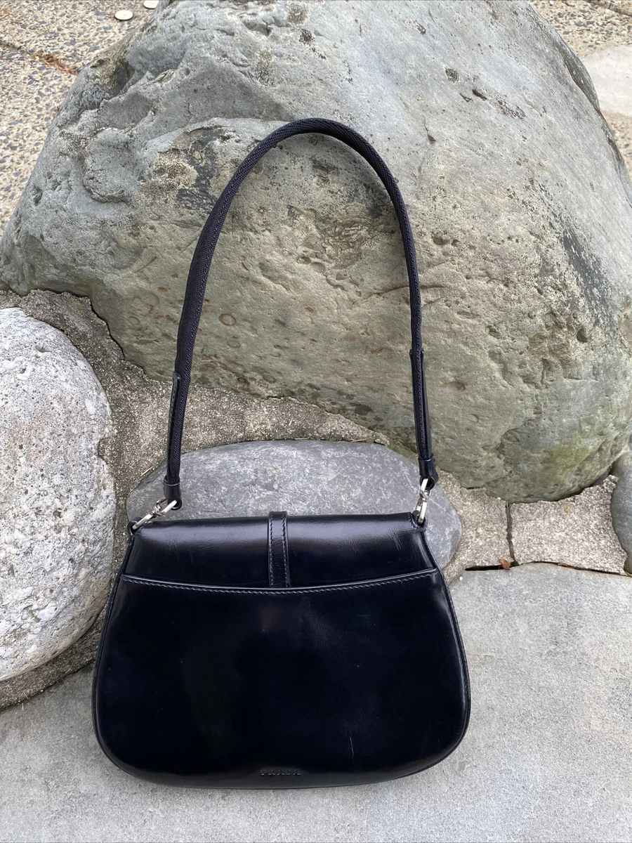 Prada Black Leather Small Baguette Shoulder Bag with Authenticity