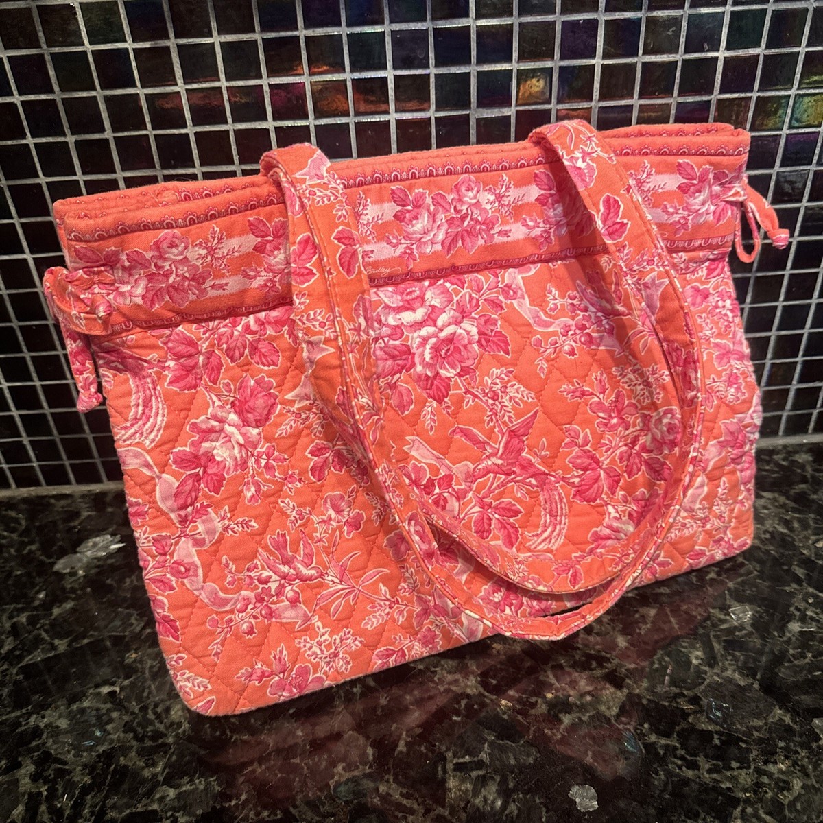 Vera Bradley Coral Pink Floral Quilted Purse Handbag 14 x 10 x
