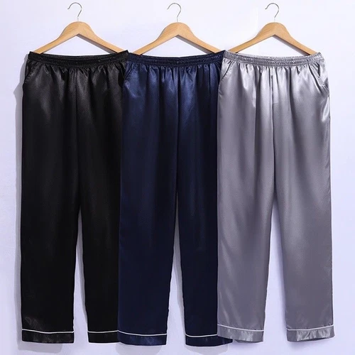 Men Satin Trousers Pants Pajama Bottom Faux Silk Sleepwear Lounge Casual Leisure - Picture 1 of 18