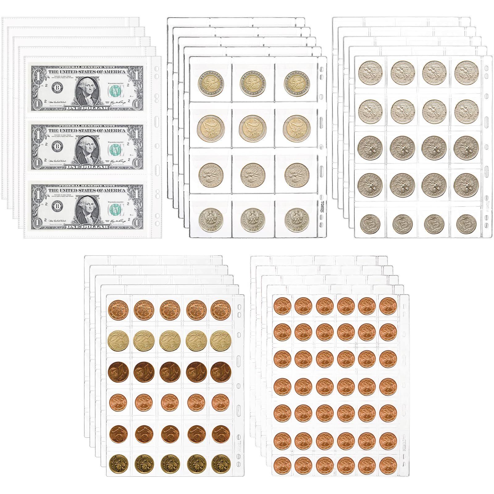 Jucoan 25 Sheet Coin Collection Pages, Total 535 Pockets 5 Sizes Coin Pages C...