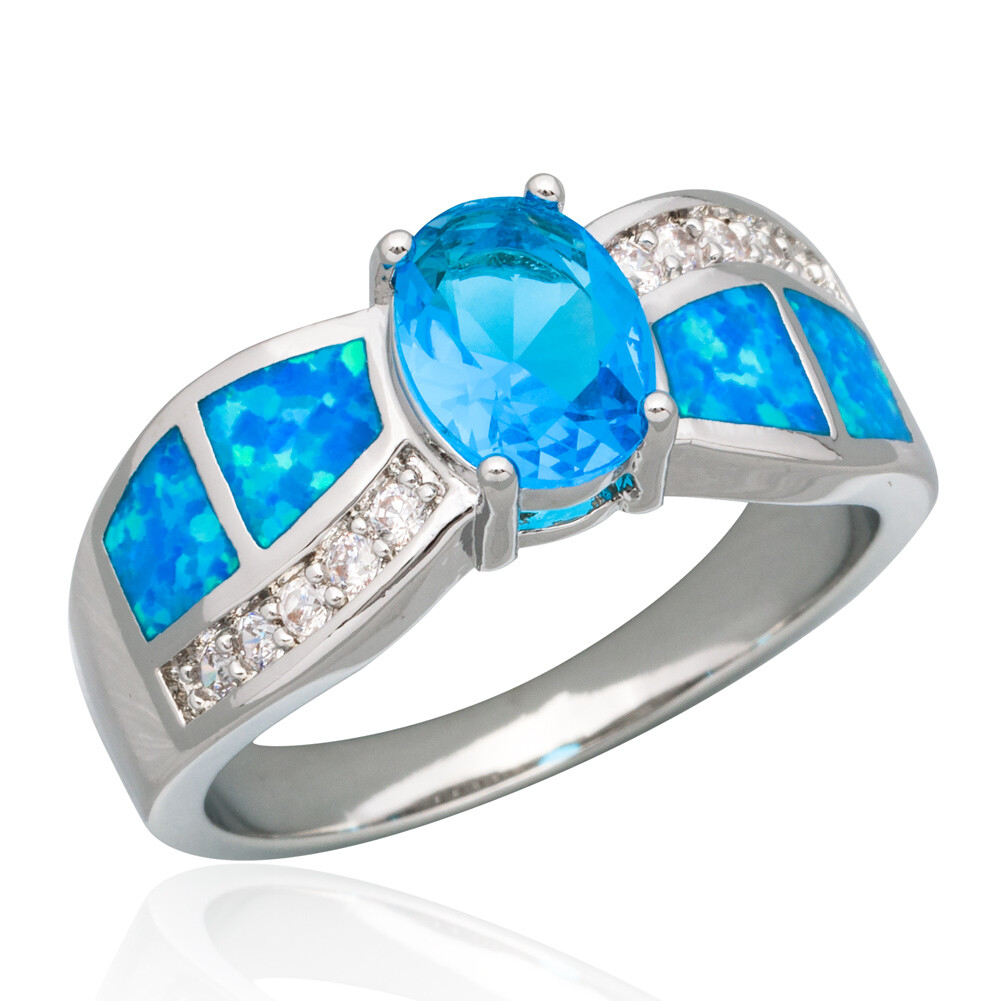 6x8 Oval Simulated Blue Topaz Blue Fire Opal Silver Jewelry Ring