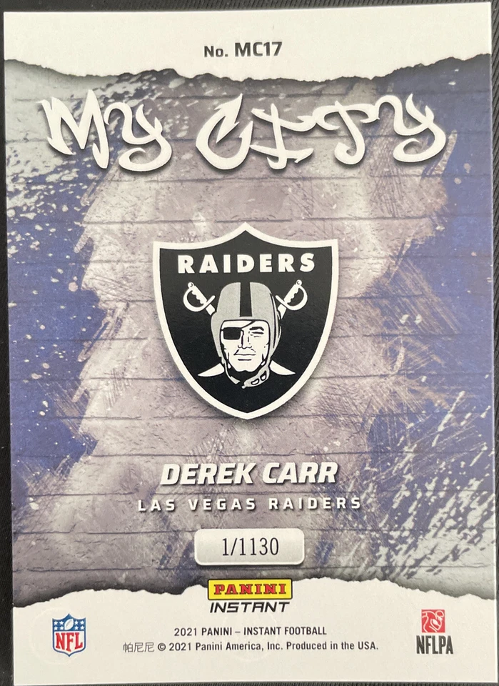 2021 Panini Instant “MY CITY” DEREK CARR Raiders SP #’d 1/1130 IN HAND! - Image 2 of 2