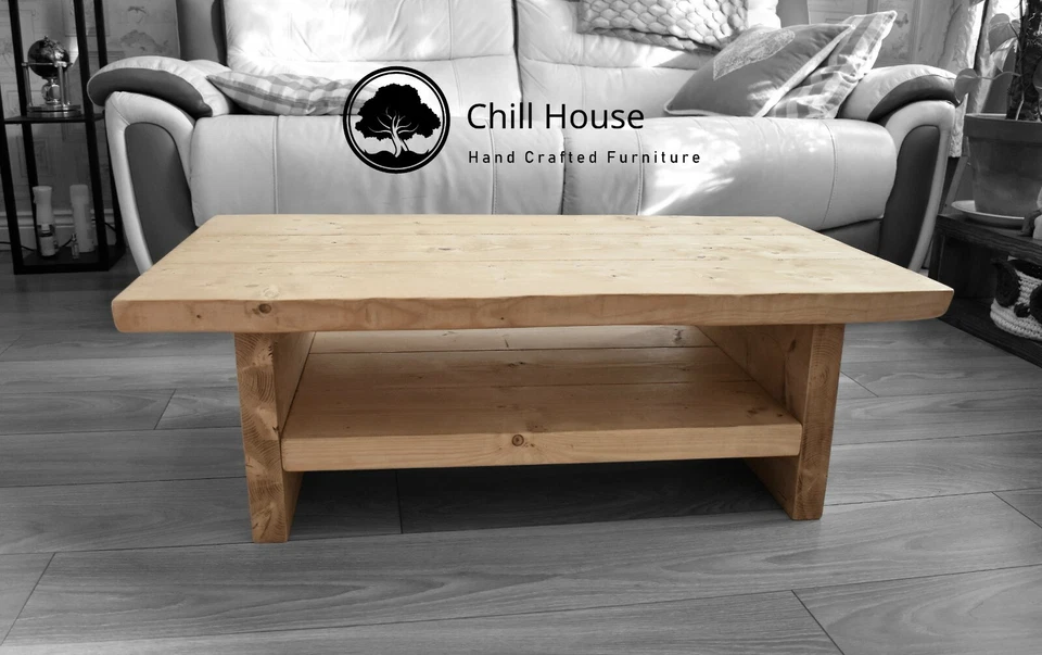 Waney / Live Edge Coffee Table with Shelf, Rustic Natural Oak Solid Wood Chunky - Image 3 of 4