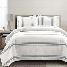Farmhouse Stripe Reversible Cotton Quilt Set, 3 Piece Set, King, Dark Gray - Siz
