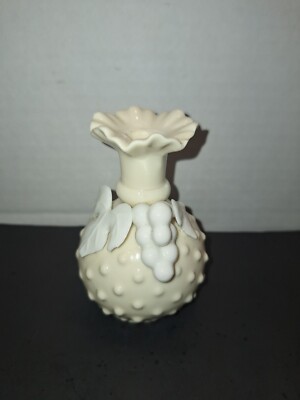 Porcelain Off White Hobnail Vase/Perfume Bottle w/White Grapes & Leaves -Japan