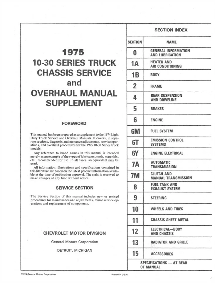 1975 Chevrolet GMC Truck Shop Service Repair Manual Supplement Engine Drivetrain - Изображение 2 из 4