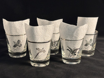 Game Bird Small Low Ball Whiskey Glasses Silver Rim 7 oz Set of 5