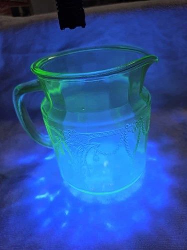 Green Cameo Depression Glass - 6" Juice Pitcher Uranium Glows Dancing Ballerina