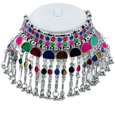 Multi-Color Oxidized Silver Boho Choker Necklace Set With Earring For Women