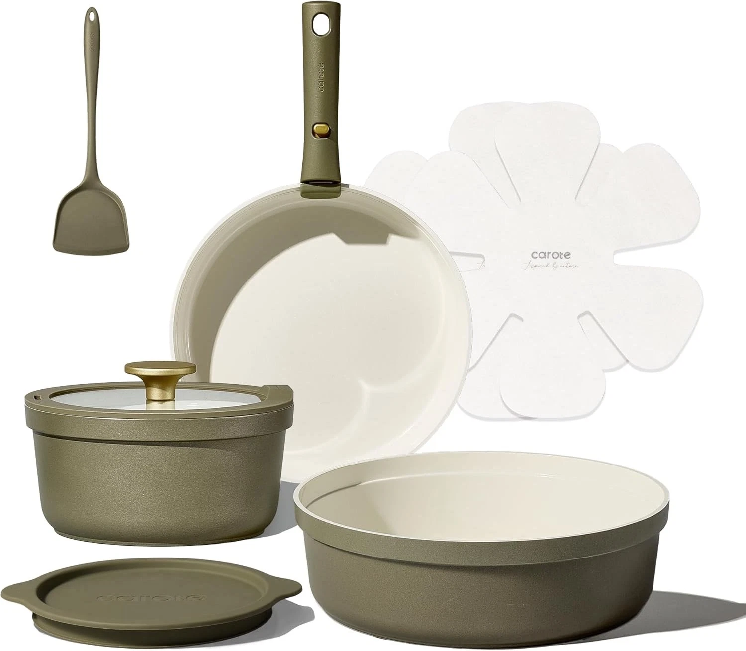 9pc Ceramic Cookware Set Detachable Handle Nonstick w/Accessories, Olive Green