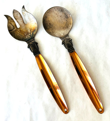 Vintage Copper & Silverplate Salad Servers Fork & Spoon Copper Craft Guild 12.5''