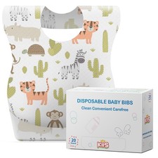 Disposable Baby Bibs with Large Crumb Catching Pocket Animal 20 Count KIIS Soft
