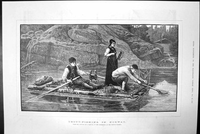 Antiker Druck Forellenangeln in Norwegen Bootsschnur Netz Ruder Ruder Ekenes 1881
