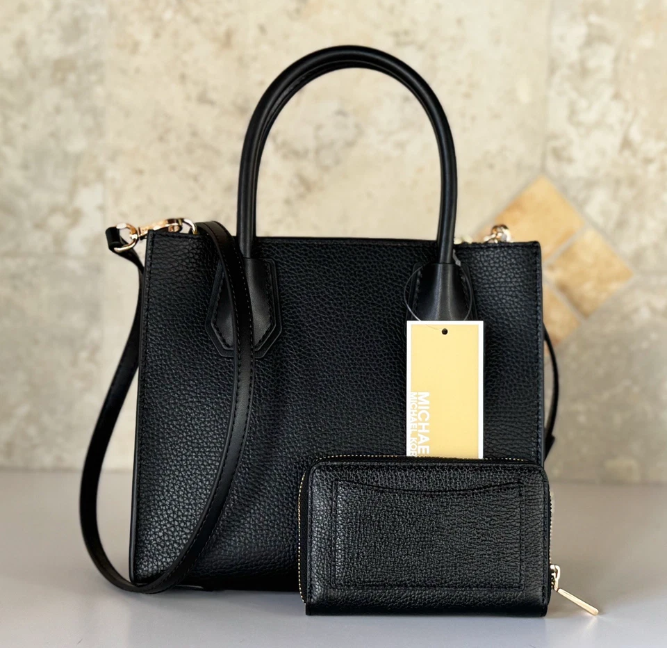 Michael Kors Mercer Medium Satchel Shoulder Crossbody Bag + Wallet Set Black - Image 4 of 4