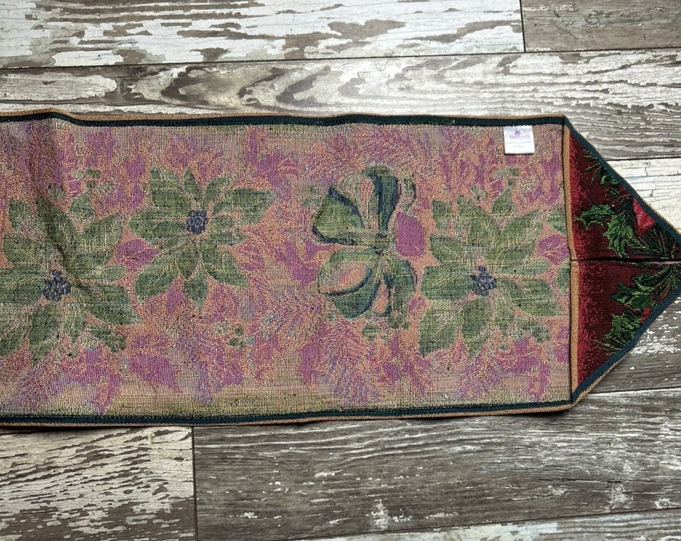 Christmas Table Runner Tapestry Tassels Poinsettias Burgandy/ Green 70" x 13" - Image 4 of 4