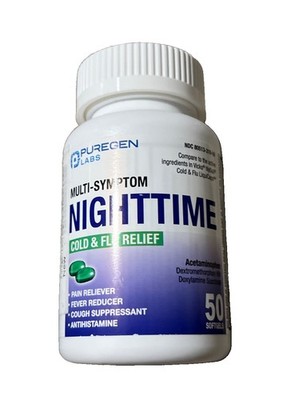Puregen Labs Nighttime Cold and Flu Relief Medicine | 50 Softgel Liquid Green