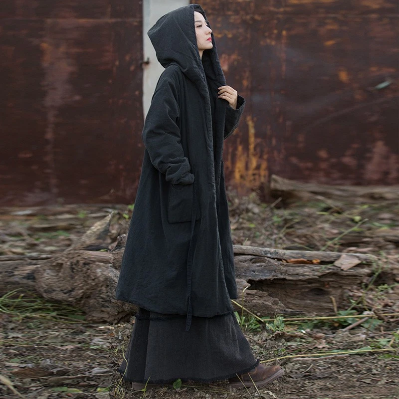 Chaqueta acolchada de lino y algodón para mujer bata con capucha invierno ropa larga vintage damas Foto 2 de 4