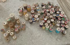 Vintage Lot of Old Wooden Sewing Thread Spools W/Thread & Empty Spools