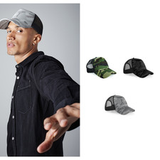 Camo Snapback Trucker Hat - Beechfield Retro-style Cotton Camouflage 5-panel Cap