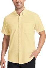 MENS BUTTON DOWN COLLAR SHORT SLEEVE ONE POCKET OXFORD DRESS SHIRT YELLOW SIZE S