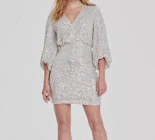 Eliza J Women's Silver Sequin Lined Blouson Bell Sleeve Sheath Dress Size 12
