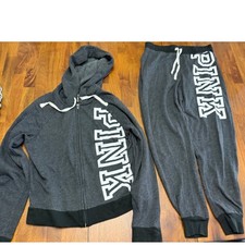 PINK Victoria  s Secret XS Gray Full Zip Hoodie Jogger Set Lounge Outfit