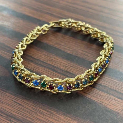 Vintage Gold Tone Chain Bracelet 7” Multi-Color Rhinestones Costume Jewelry