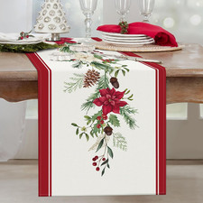 Christmas Poinsettia Table Runner 13x72 Inch Red Floral Pine Branch Seasonal Win