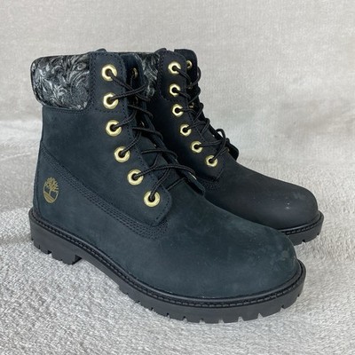 Timberland Heritage 6 in Womens Boots Size 6.5 Black Gold Nubuck Waterproof NEW