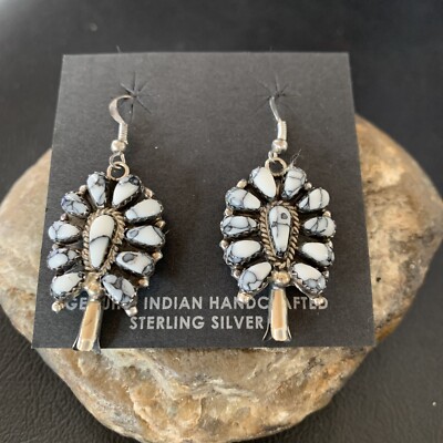 Cluster Navajo White Buffalo Turquoise Sterling Silver Dangle Earrings 12837