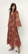 Nasty Gal Paisley Printed Tie Back Maxi Dress In Red UK 4 RRP £50 BNWT