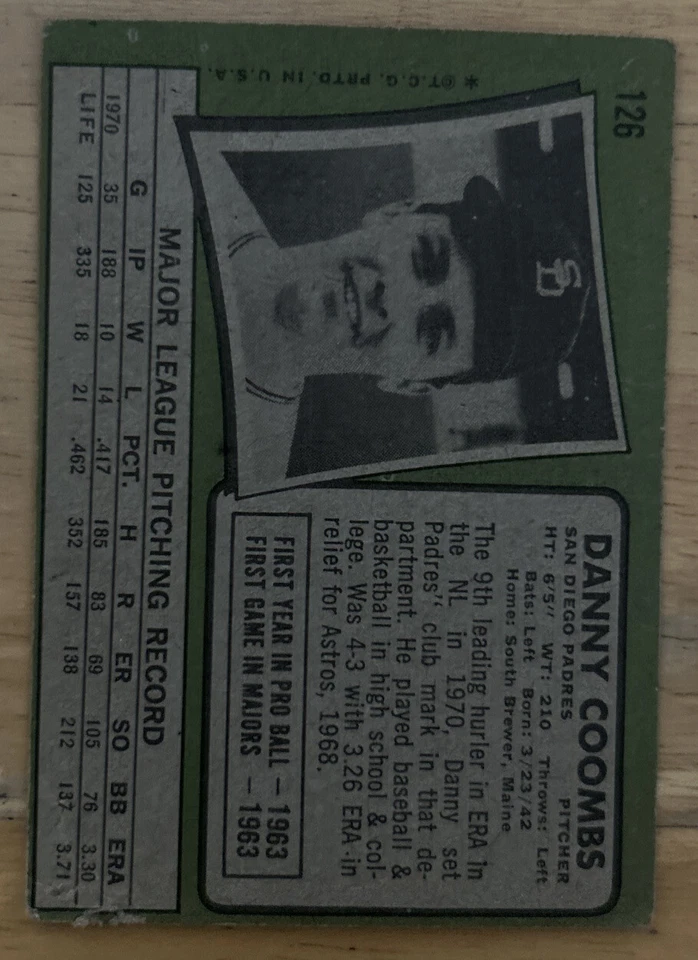 1971 Topps Danny Coombs Baseball Card 126 Padres Pitcher Low-Grade O/C & Creased - Image 2 of 2