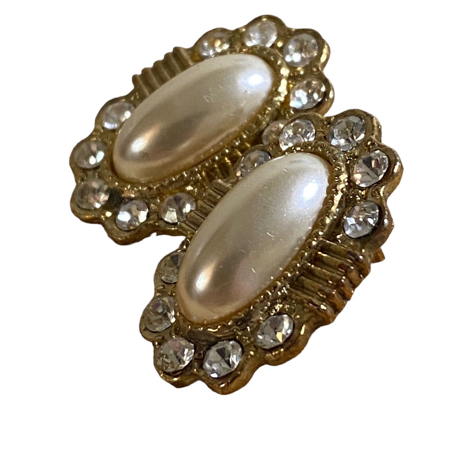 Vintage Oval Faux Pearl And Crystal Gold Tone Ear… - image 5