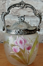POT A BISCUITS VERRE EMAILLE ANCIEN IRIS ROSE EMAIL EN RELIEF  ENAMELLED GLASS