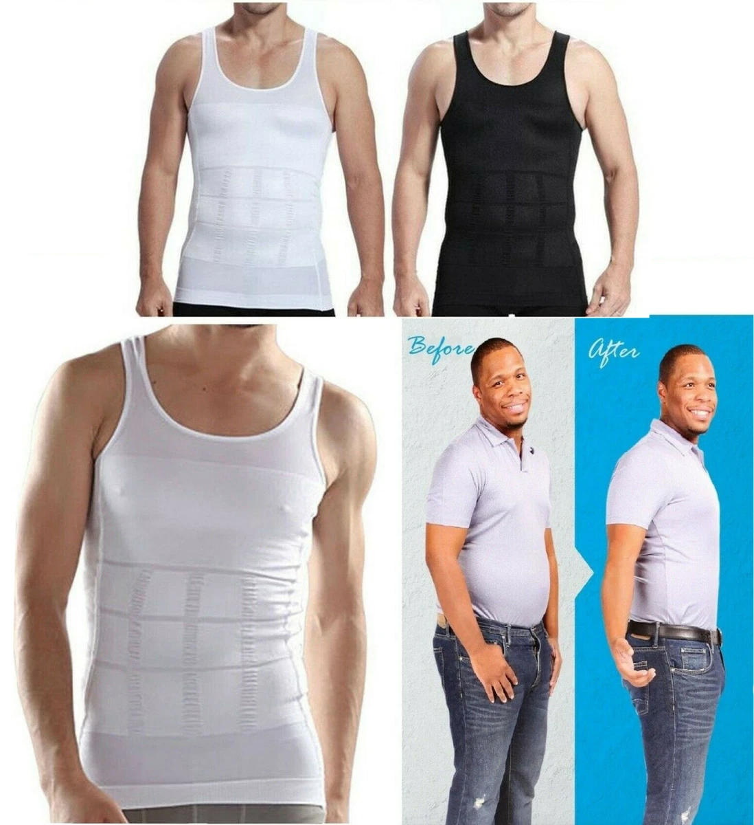 MEN SLIMMING VEST Body Shaper Slim Chest Belly Waist Compression Shirt  White Blk