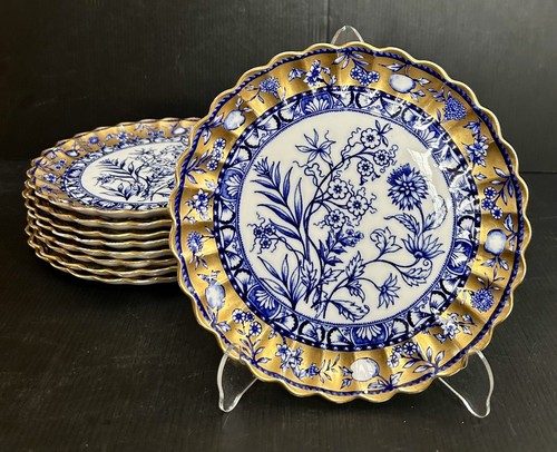 Set 9 Antique Copeland England Blue Floral Gold Rim Scalloped Plates 8 1/4”D