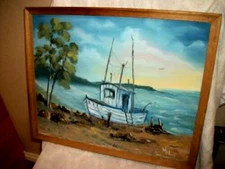 NEW ENGLAND FISHING BOAT NAIVE OIL PAINTING 1930s FOLK ART ON BOARD WOOD FRAME