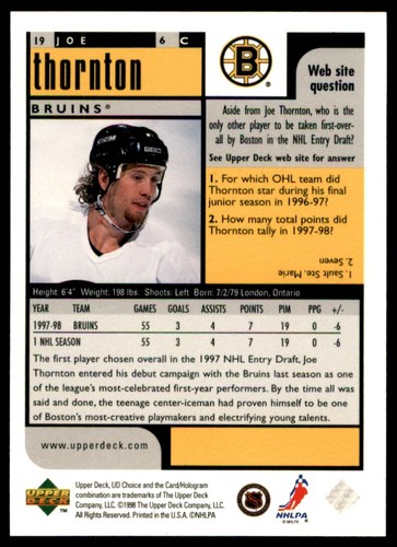 1998-99 UD Collectors Choice Joe Thornton #19 - Picture 2 of 2