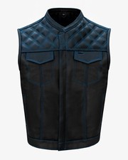 Men's Black Leather Vest Motorcycle Blue Thread Diamond Design Custom Waistcoat