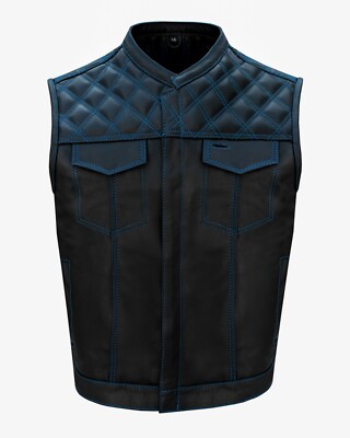 Men's Black Leather Vest Motorcycle Blue Thread Diamond