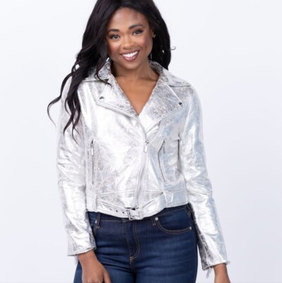 Love Token Liza metallic silver moto jacket faux leather bikercore
