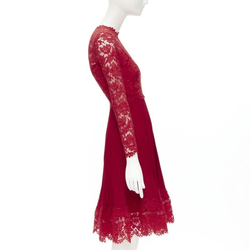 Abito da cocktail VALENTINO rosso floreale pizzo coltello gonna plissettata IT38 XS