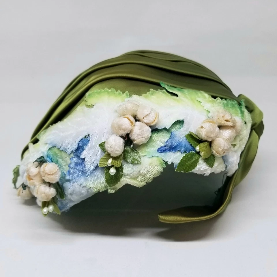 Raro De Colección Original Años 50 JANE MORGAN Verde Satinado Flor Calavera Gorra Sombrero Bes Ben Foto 2 de 4