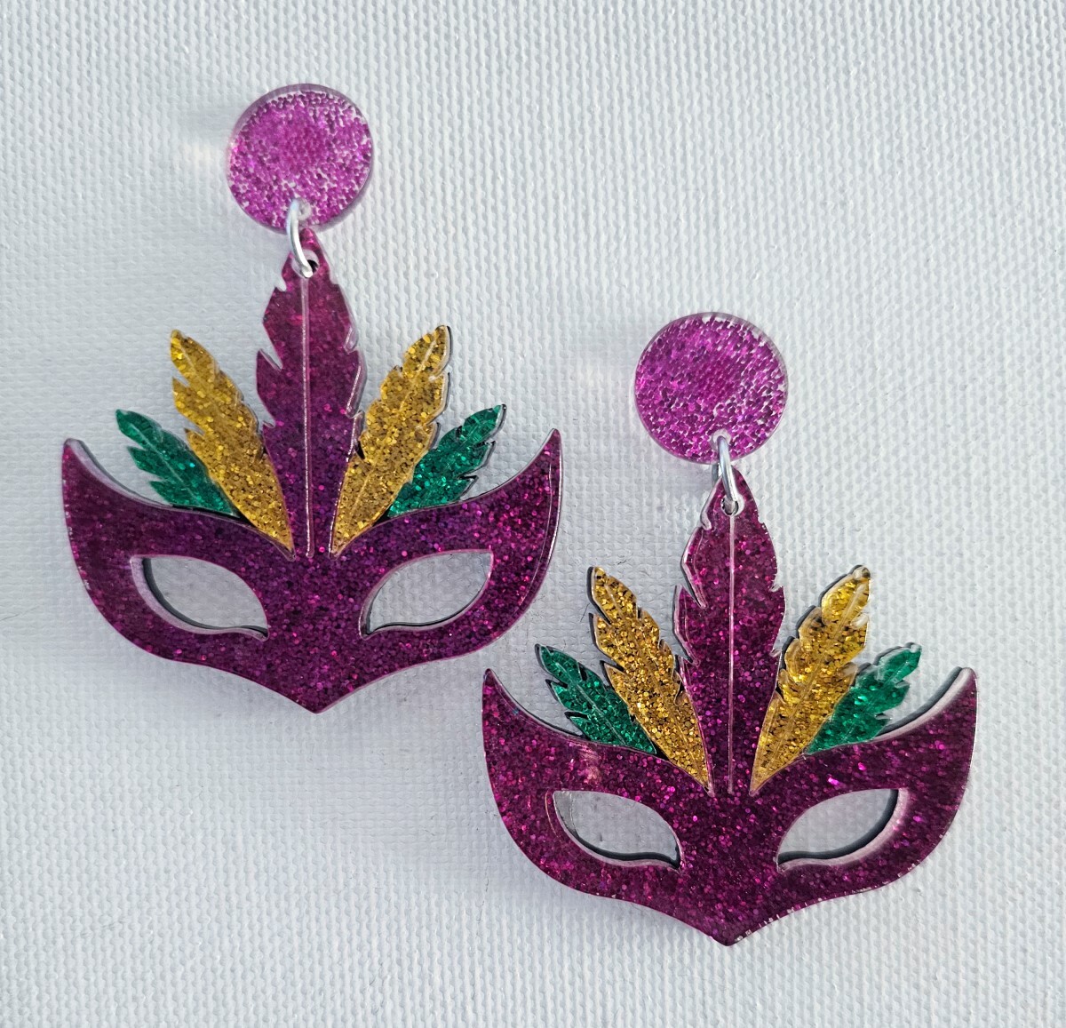 Mardi Gras Glitter Resin Post Earrings Mask w Feathers Lightweight