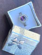 Amethyst Crystal Purple Ring Silver Tone Metal Clear Side Stones New Gift Boxed